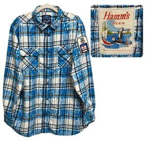 Angry Minnow Hamm's Beer Men’s Plaid Flannel Shirt XXL Blue Patch Long Sleeve